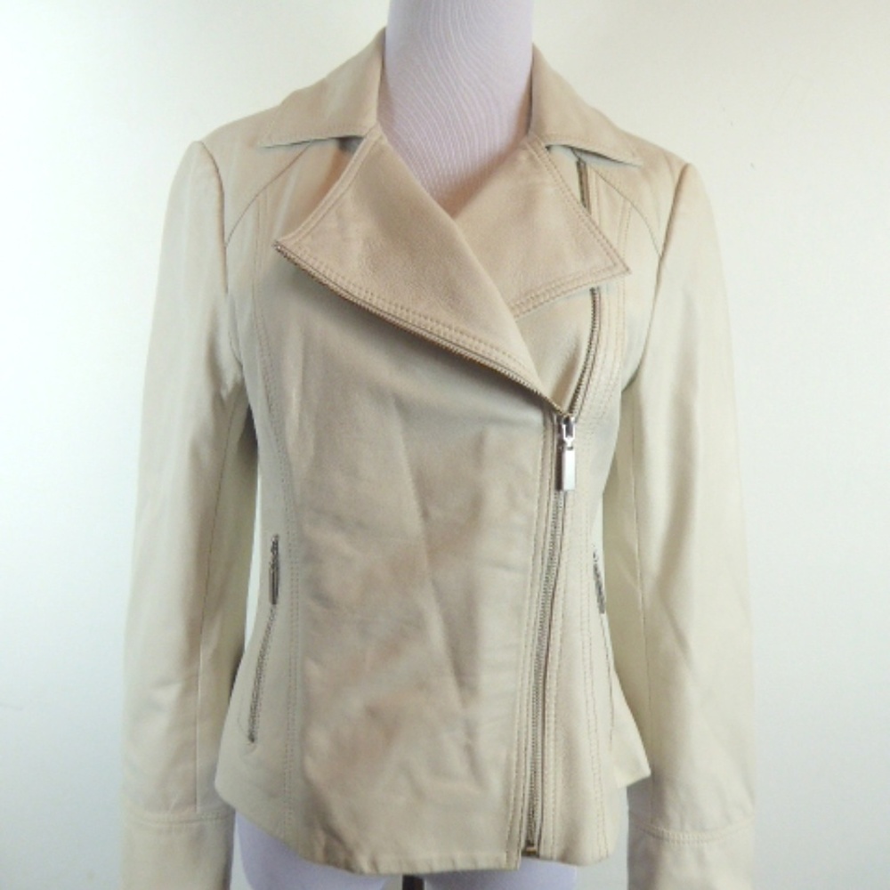 WHITE HOUSE BLACK MARKET MOTORCYCLE Leather Jacket cream S